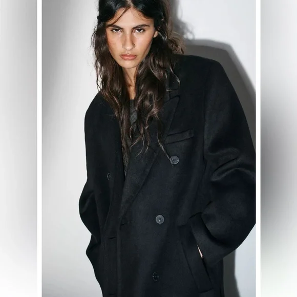 Zara Long wool blend Black Double-Breasted Coat - Picture 7 of 12